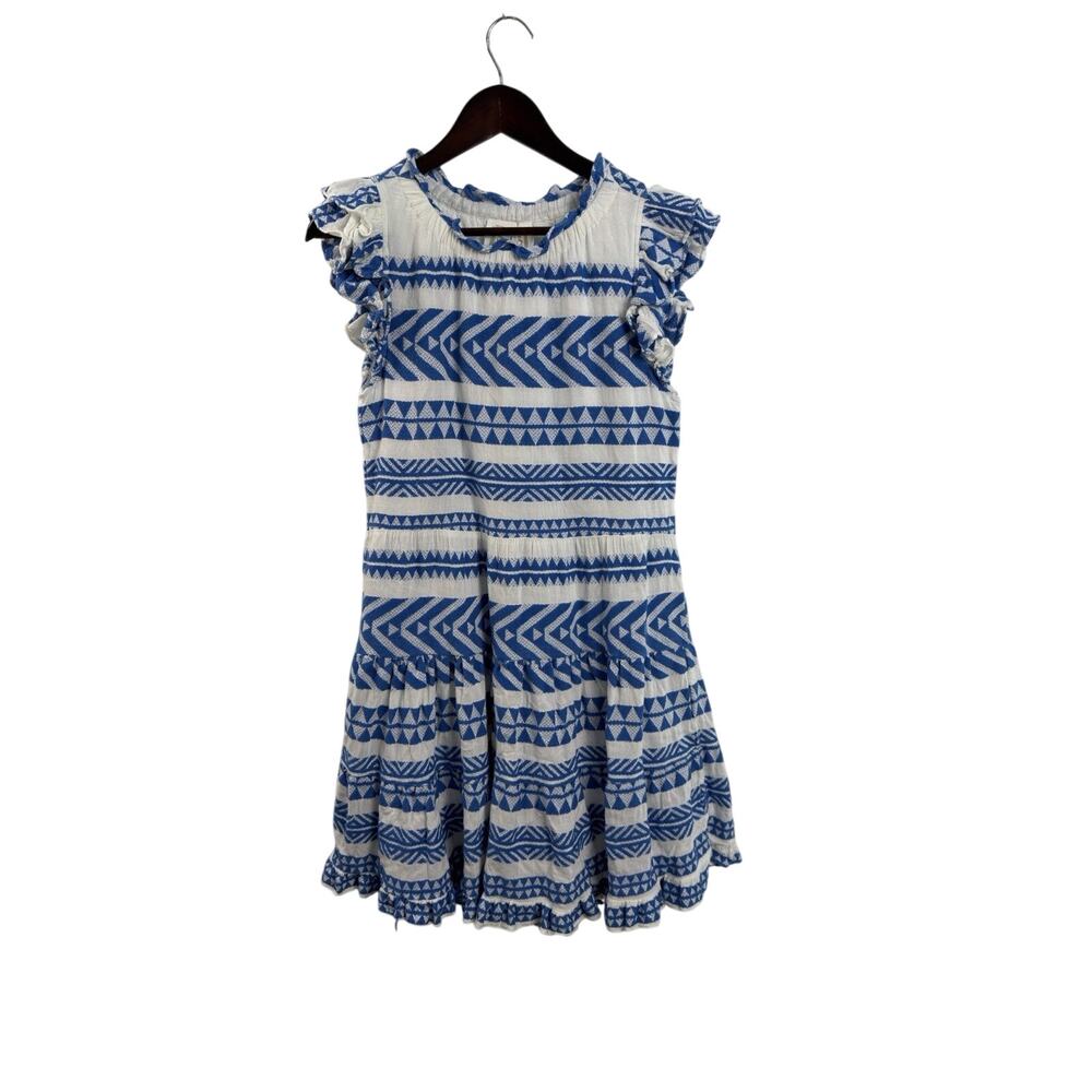 $228 SAIL to SABLE Geo Stripe Jacquard Ruffle Neck Dress | WHITE/BLUE | Medium